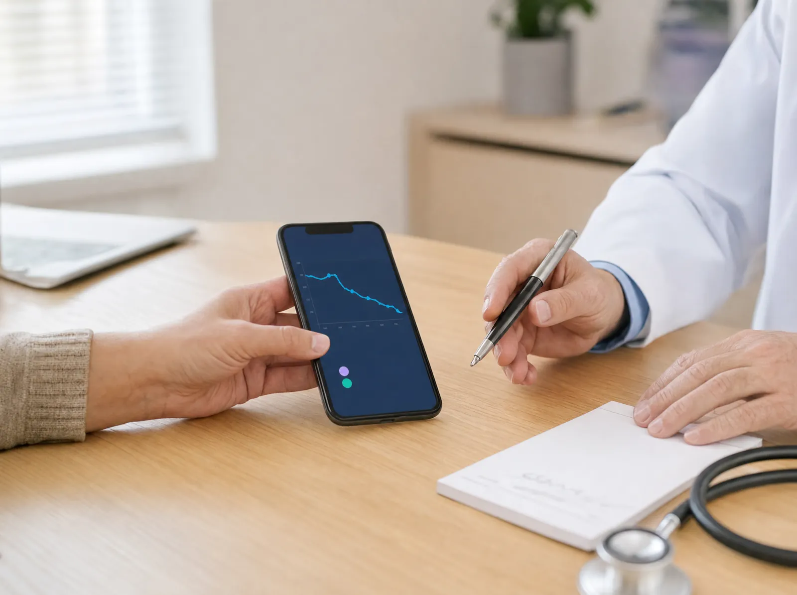 Paciente mostra o gráfico de peso no celular para o médico, sobre a mesa do consultório